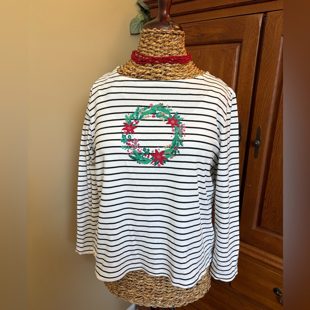 Croft & Barrow cotton stripped wreath Christmas long sleeve tee